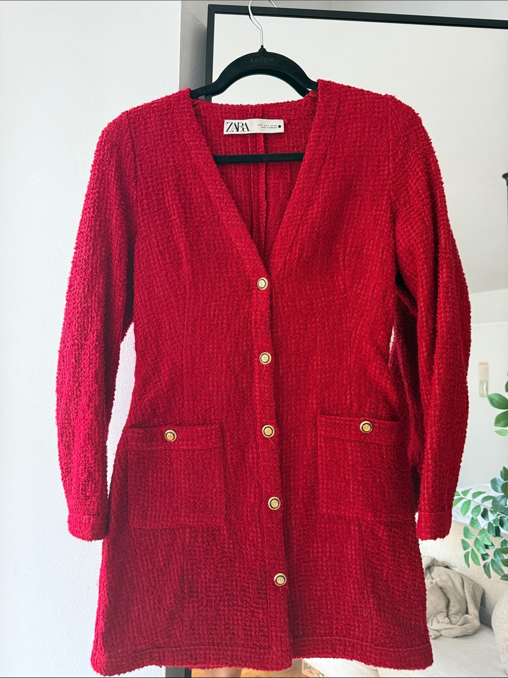 Zara Red V-Neck Textured Cardigan with Gold Buttons